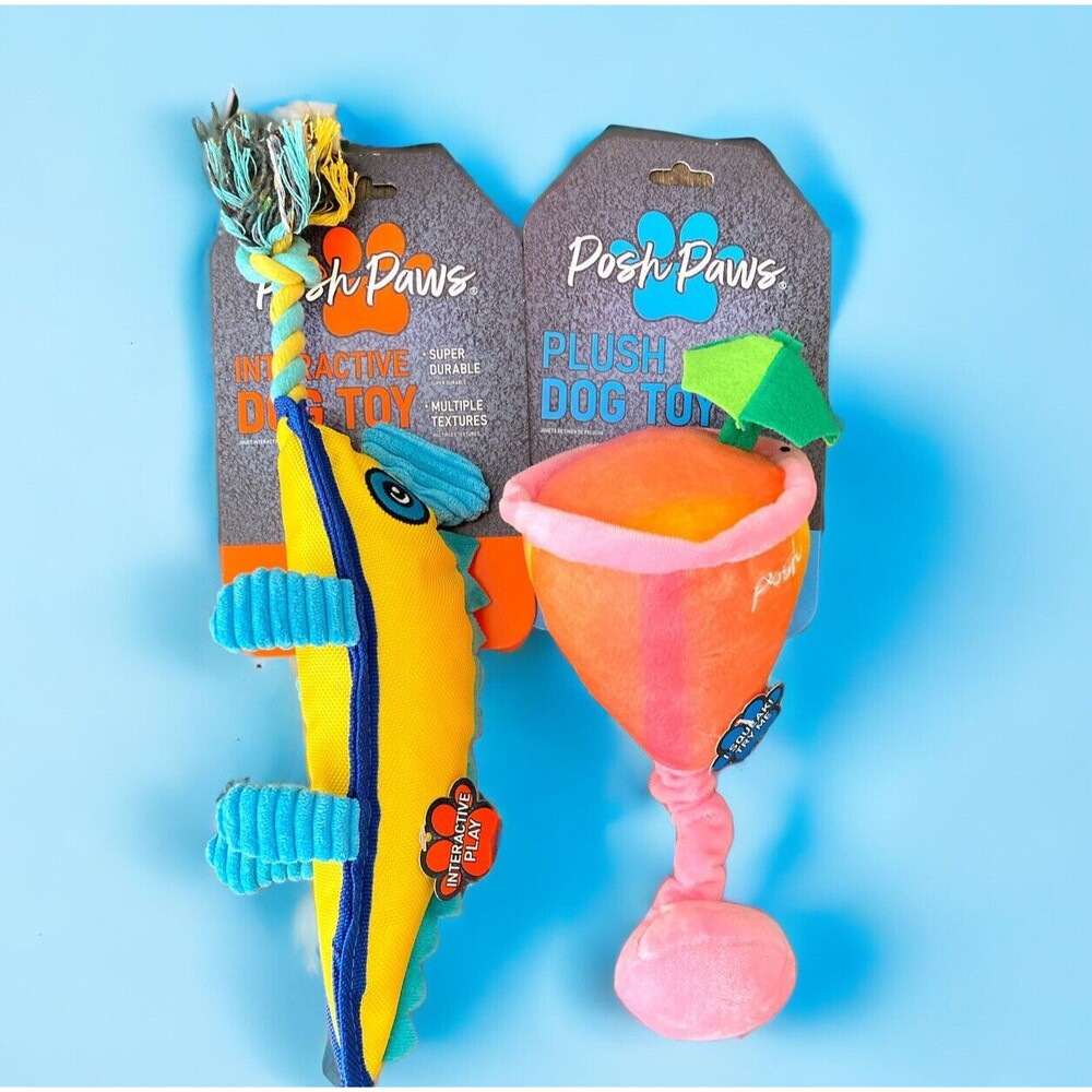 Posh Paws Dog Toys Fish and Cocktail Set of 2 Squeak and Texture Pet Gifts